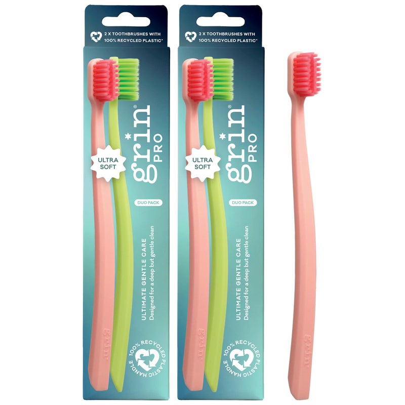 Grin Pro Gentle Care Extra Soft Toothbrushes for Adults â€“ Travel Toothbrush Set with 4784 Dense Slim Tip Bristles - Comfortable Grip - Perfect for Sensitive Teeth & Gums â€“ 4 Count (2 Pack Set)